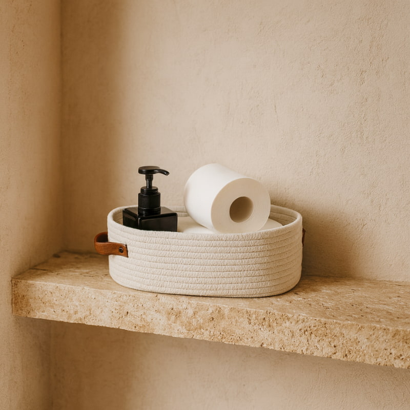 White woven basket bathroom with a black pump bottle and white roll of paper on a beige shelf.
