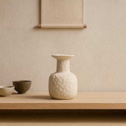 Zen vase on a wooden shelf with a neutral background
