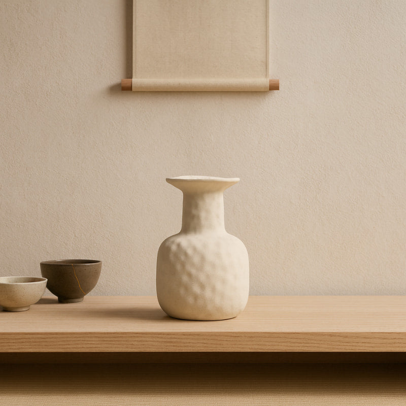 Zen vase on a wooden shelf with a neutral background